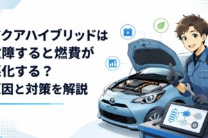 トヨタアクアのハイブリッドシステムと燃費低下をイメージした整備風景