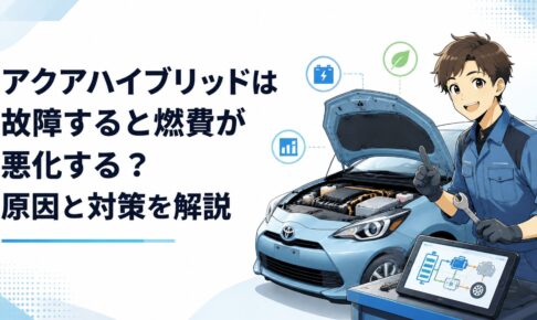 トヨタアクアのハイブリッドシステムと燃費低下をイメージした整備風景