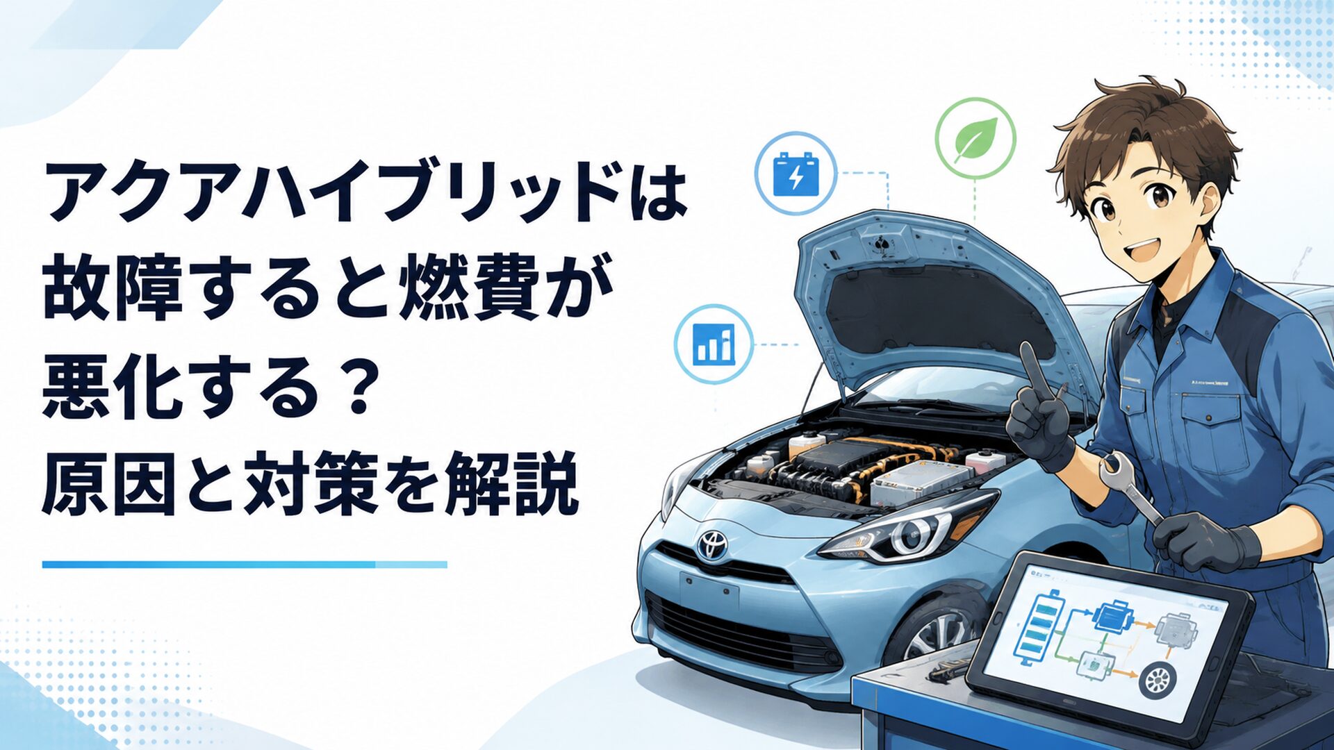 トヨタアクアのハイブリッドシステムと燃費低下をイメージした整備風景