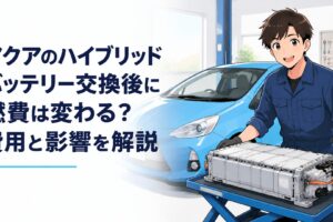 トヨタアクアNHP10の駆動用ハイブリッドバッテリー交換と燃費回復をイメージした整備ガレージ風景