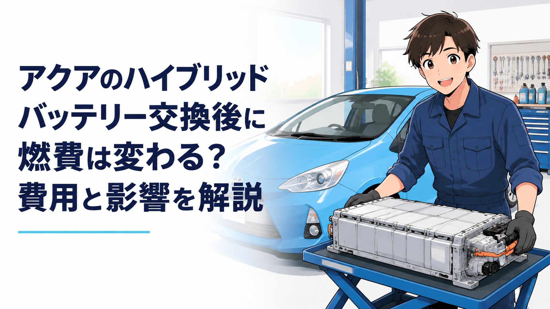 トヨタアクアNHP10の駆動用ハイブリッドバッテリー交換と燃費回復をイメージした整備ガレージ風景