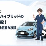トヨタアクアとホンダフィットeが並ぶ低燃費コンパクトハイブリッド比較シーン