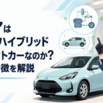 トヨタ アクアの低燃費ハイブリッドシステムとコンパクトボディを表現した整備ガレージ風景