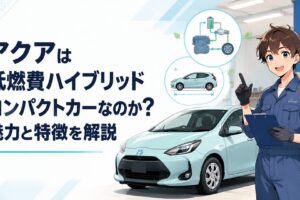 トヨタ アクアの低燃費ハイブリッドシステムとコンパクトボディを表現した整備ガレージ風景