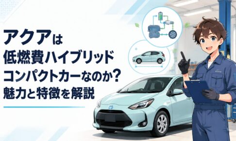 トヨタ アクアの低燃費ハイブリッドシステムとコンパクトボディを表現した整備ガレージ風景