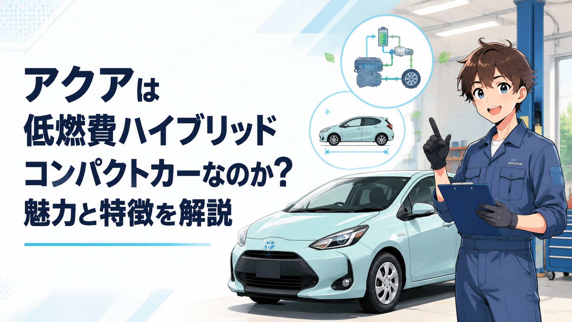 トヨタ アクアの低燃費ハイブリッドシステムとコンパクトボディを表現した整備ガレージ風景