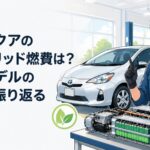 初代トヨタアクアのハイブリッドシステムと低燃費性能を表現した整備ガレージ風シーン