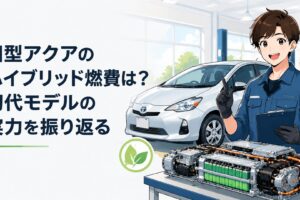 初代トヨタアクアのハイブリッドシステムと低燃費性能を表現した整備ガレージ風シーン