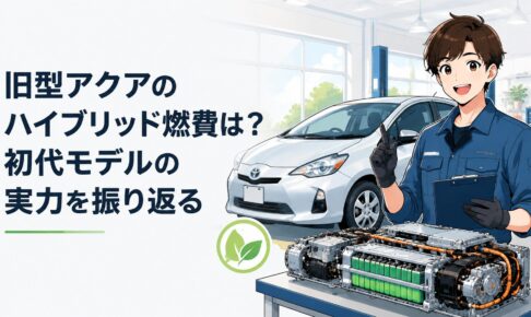 初代トヨタアクアのハイブリッドシステムと低燃費性能を表現した整備ガレージ風シーン