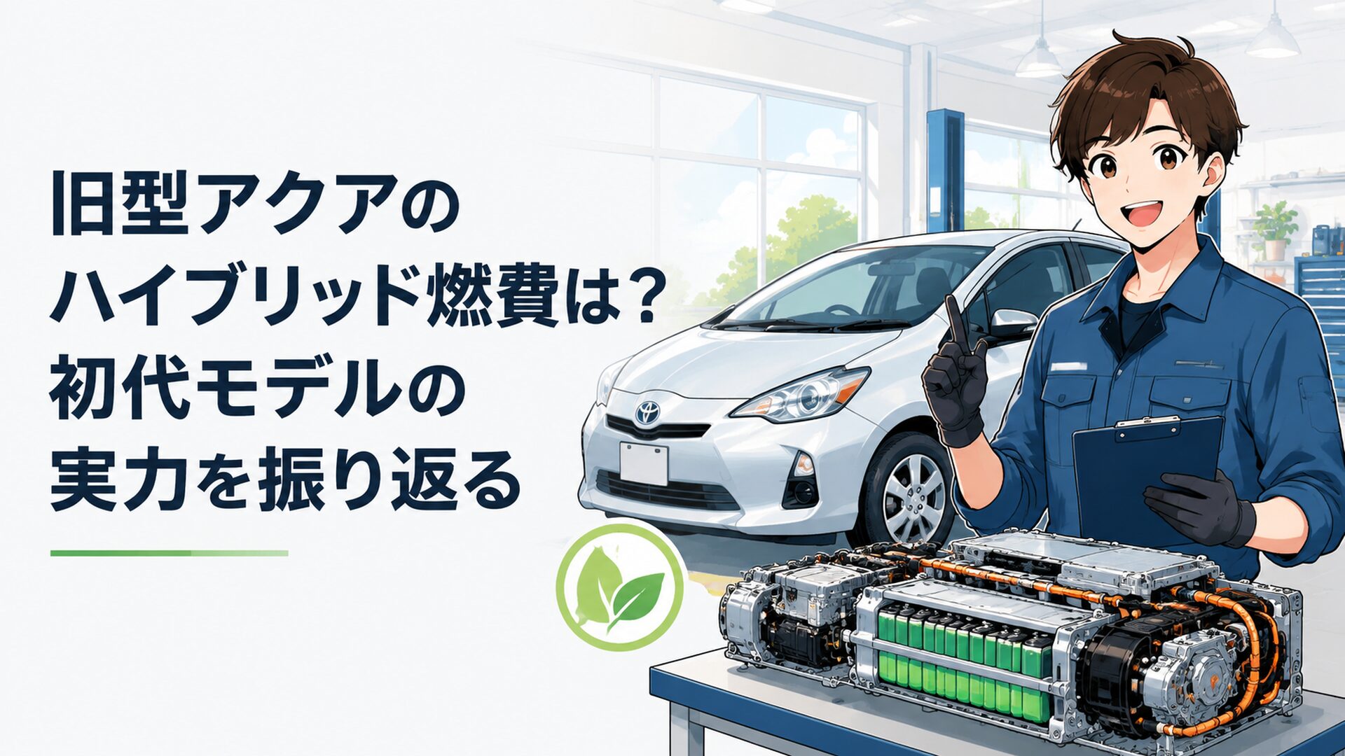 初代トヨタアクアのハイブリッドシステムと低燃費性能を表現した整備ガレージ風シーン
