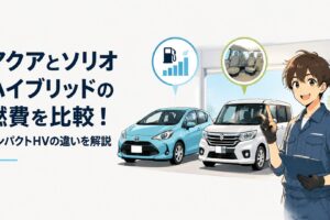 トヨタアクアとスズキソリオハイブリッドを並べて燃費性能と室内空間を比較するコンパクトカーのシーン