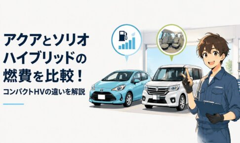 トヨタアクアとスズキソリオハイブリッドを並べて燃費性能と室内空間を比較するコンパクトカーのシーン