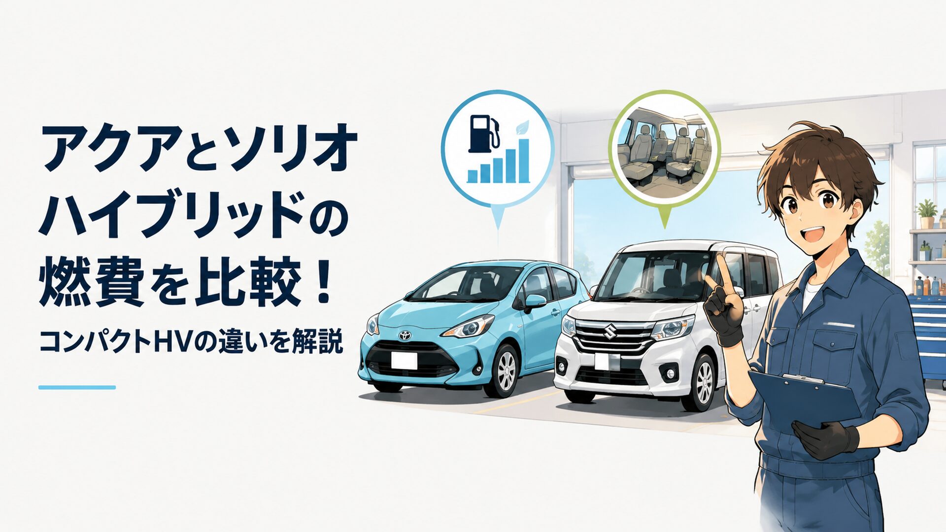 トヨタアクアとスズキソリオハイブリッドを並べて燃費性能と室内空間を比較するコンパクトカーのシーン