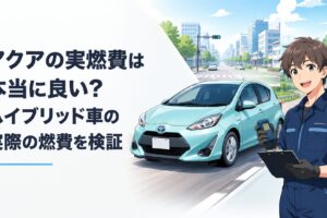 トヨタ・アクアをイメージしたコンパクトハイブリッドカーが市街地と郊外路を走り実燃費を検証しているシーン