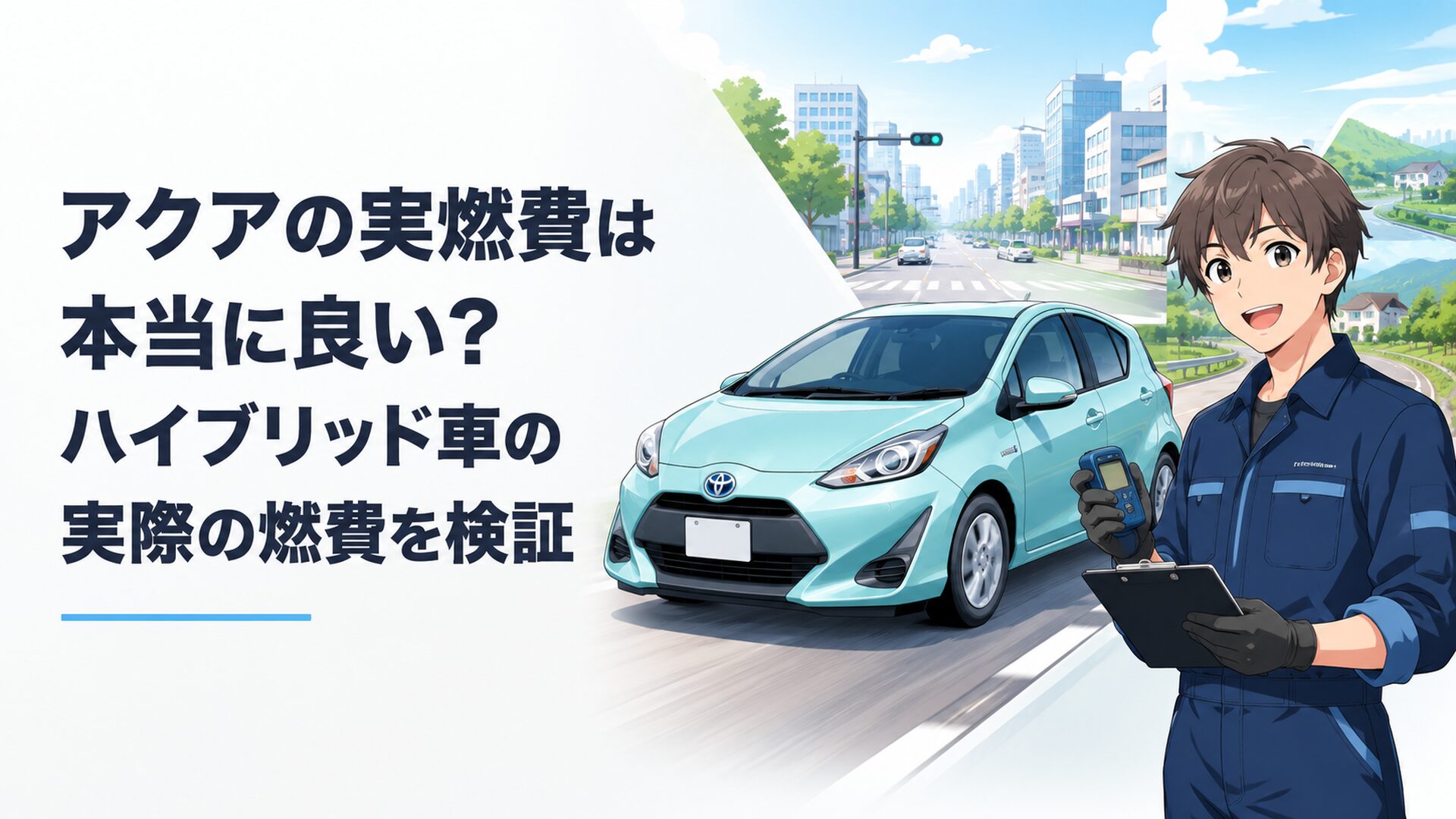 トヨタ・アクアをイメージしたコンパクトハイブリッドカーが市街地と郊外路を走り実燃費を検証しているシーン