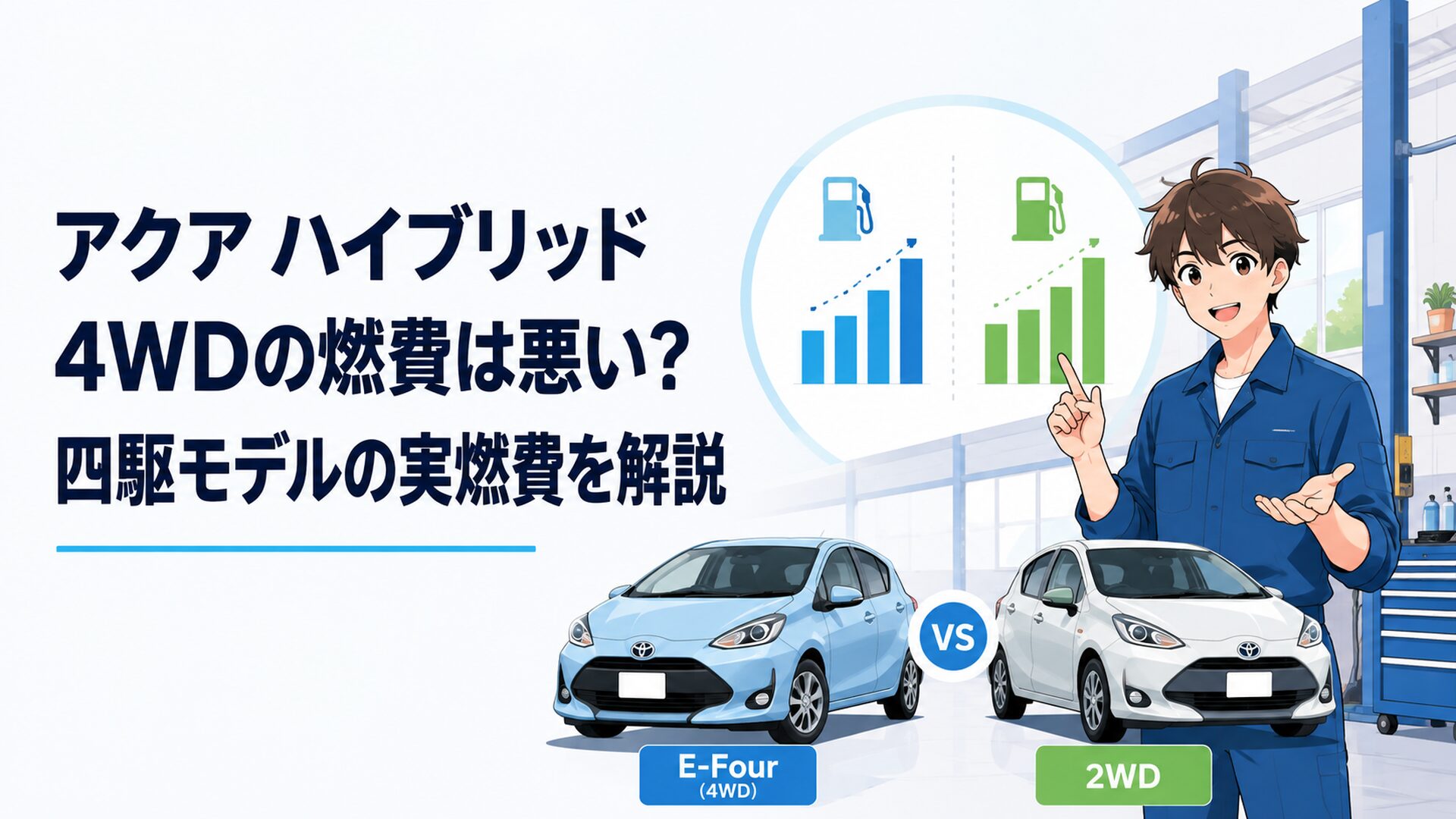 アクアのハイブリッド4WD E-Fourと2WDの燃費を比較するイメージ