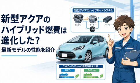 新型アクアのハイブリッドシステムと2WD・E-Fourの燃費性能を比較するイメージ
