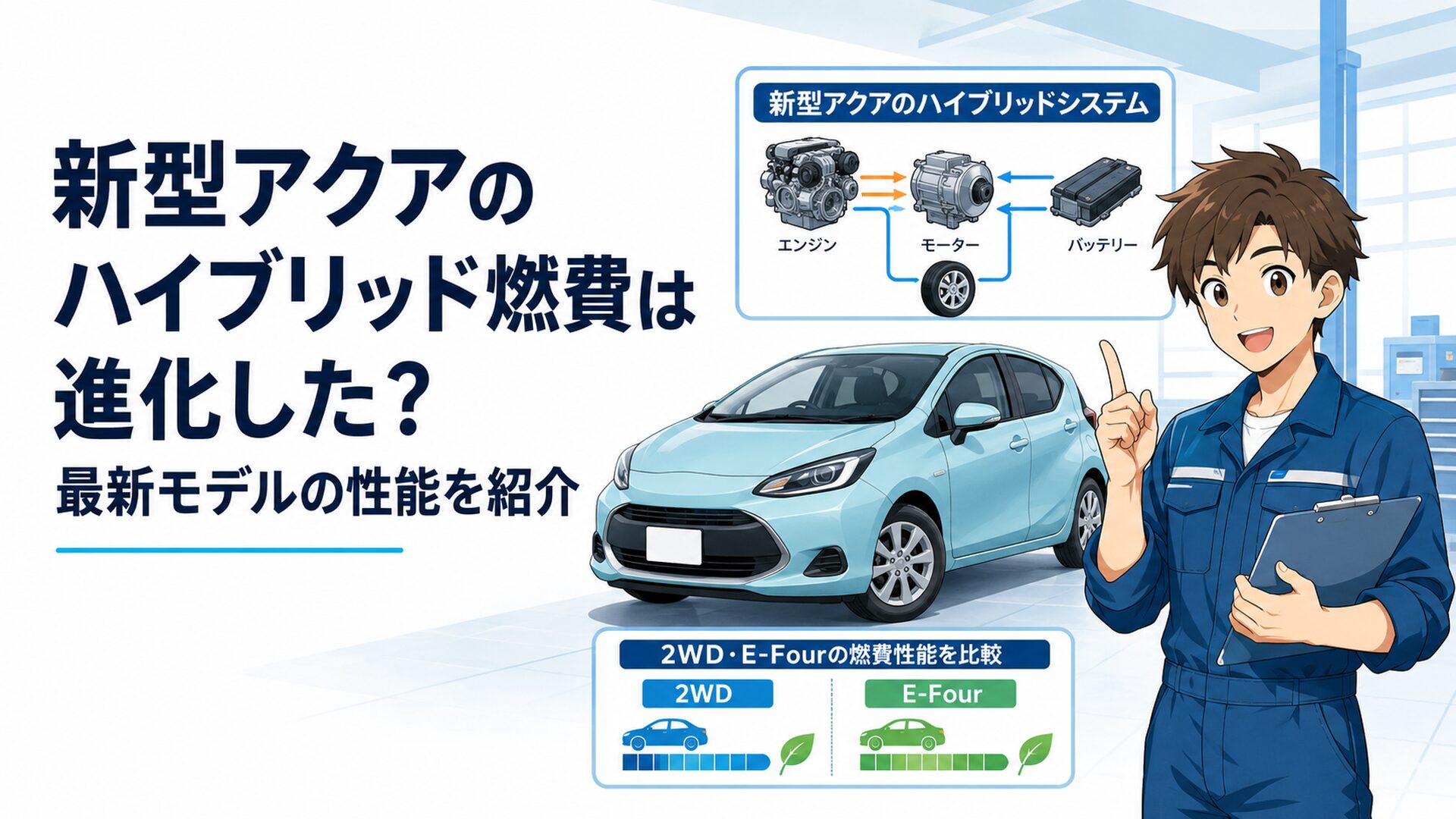新型アクアのハイブリッドシステムと2WD・E-Fourの燃費性能を比較するイメージ