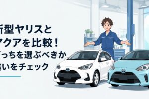 新型ヤリスとアクアを並べて性能や価格を比較するコンパクトカー選びの場面