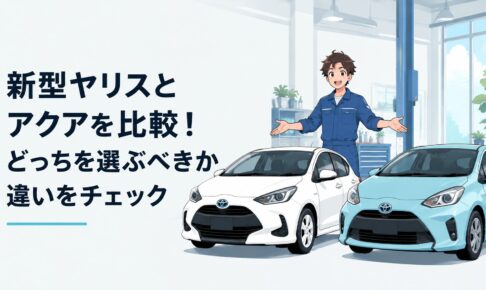 新型ヤリスとアクアを並べて性能や価格を比較するコンパクトカー選びの場面