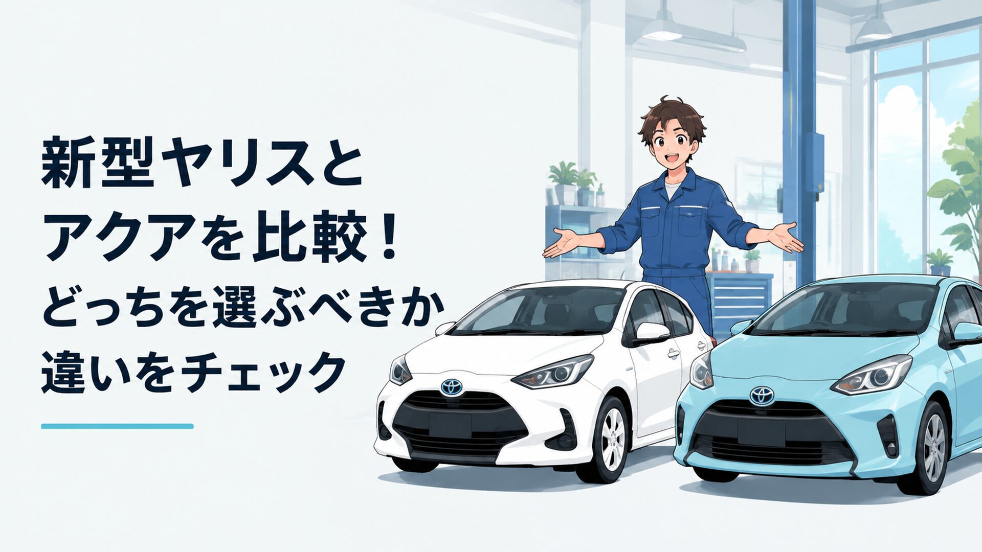 新型ヤリスとアクアを並べて性能や価格を比較するコンパクトカー選びの場面