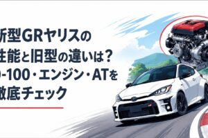 新型GRヤリスがスポーツ走行する姿と高性能エンジンを表現したイメージ