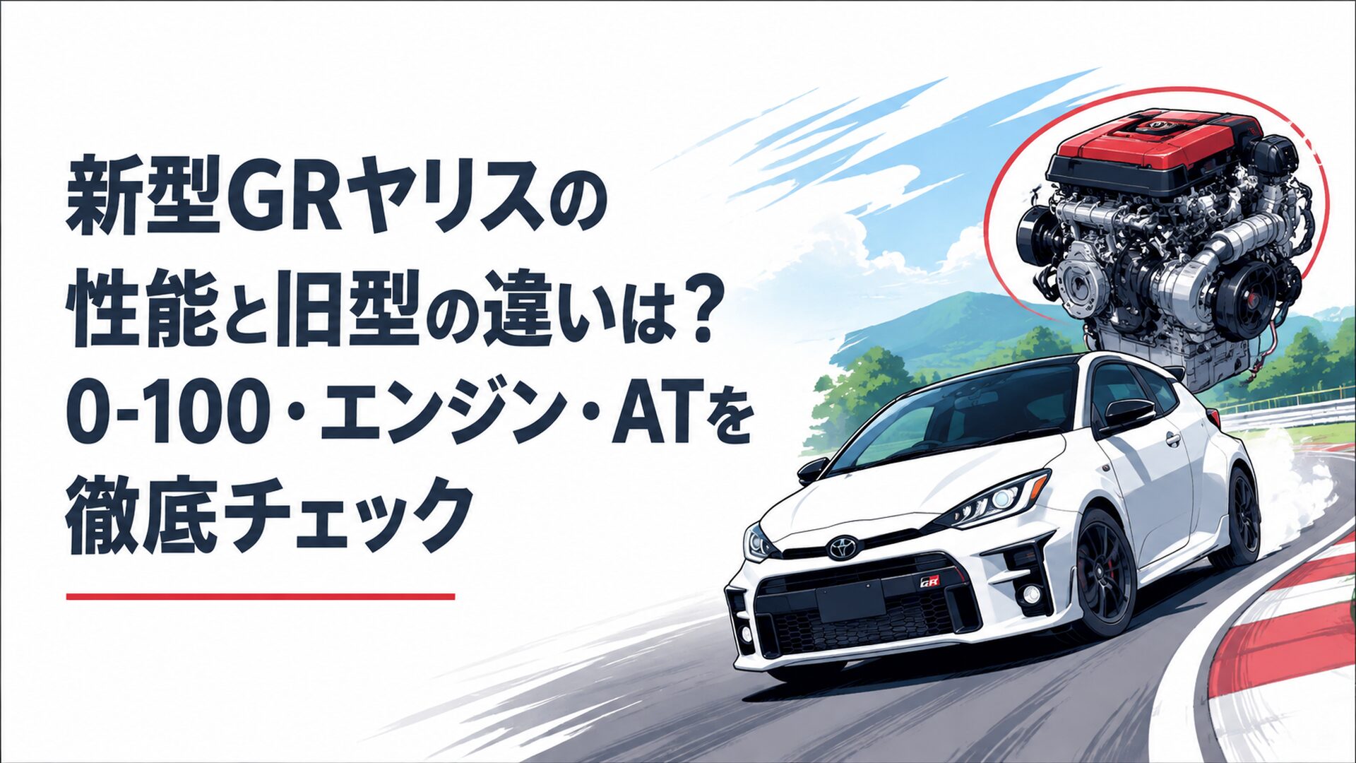 新型GRヤリスがスポーツ走行する姿と高性能エンジンを表現したイメージ