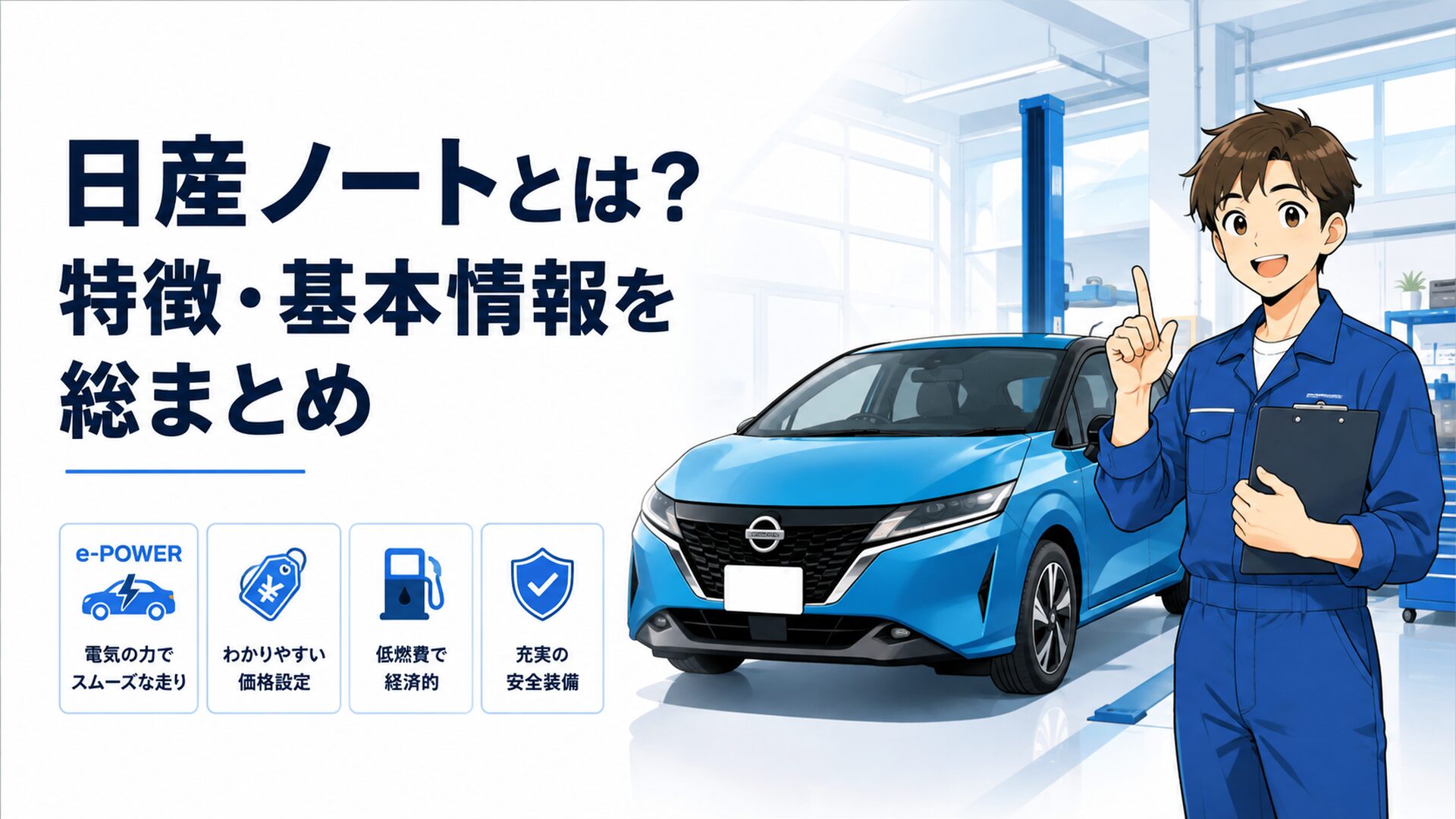 現行の日産ノートとe-POWERや価格や燃費や安全装備を初心者向けに解説するイメージ