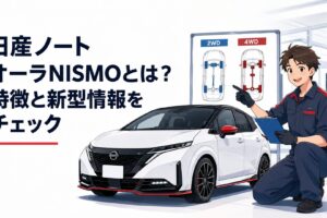日産ノート オーラNISMO風のスポーツコンパクトカーと2WD・4WDの違いを確認する若い整備士