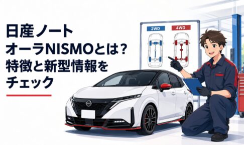 日産ノート オーラNISMO風のスポーツコンパクトカーと2WD・4WDの違いを確認する若い整備士