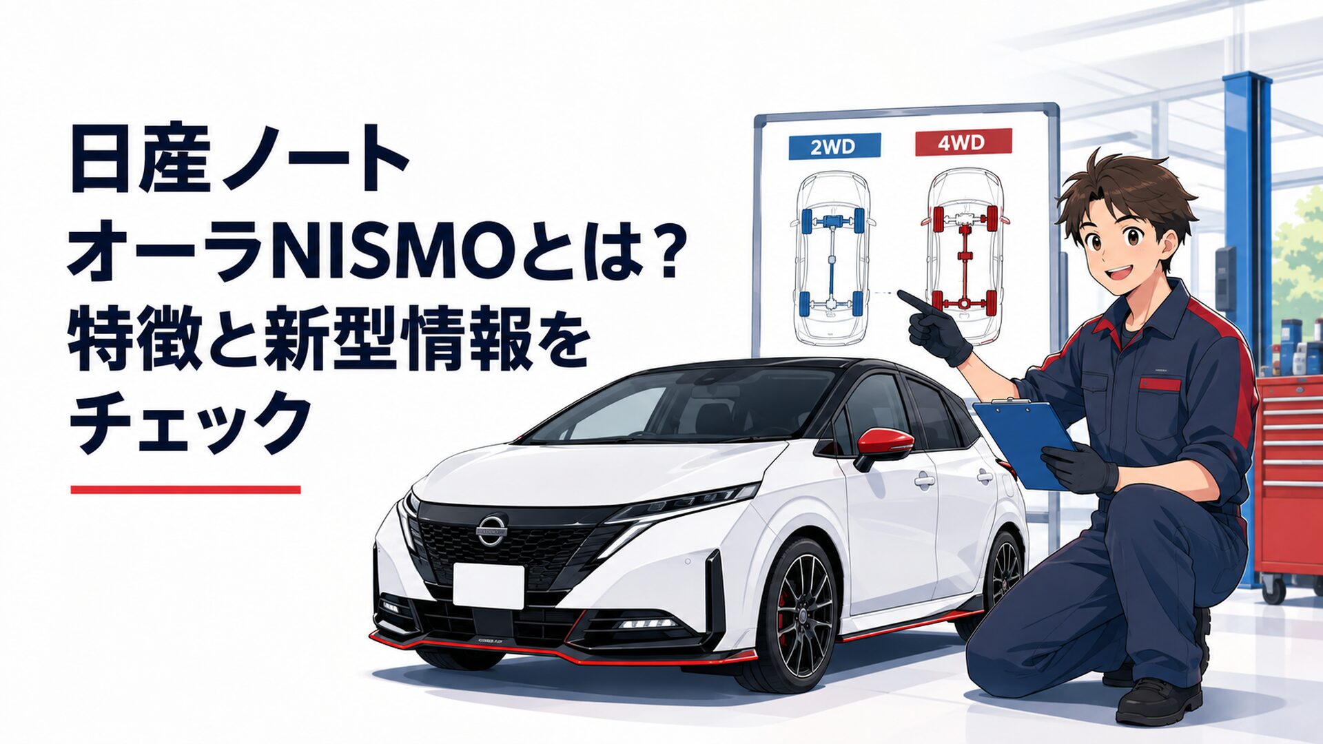 日産ノート オーラNISMO風のスポーツコンパクトカーと2WD・4WDの違いを確認する若い整備士