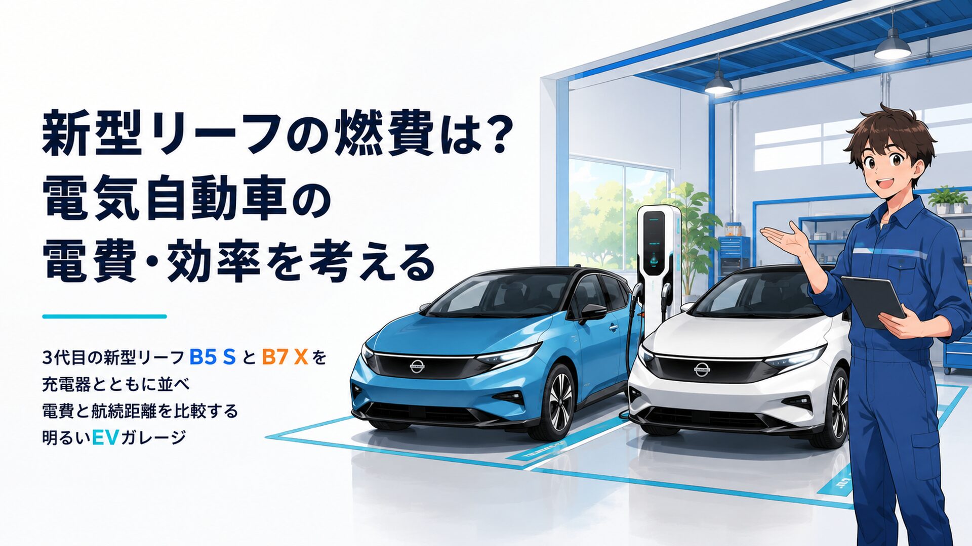 3代目の新型リーフB5 SとB7 Xを充電器とともに並べ電費と航続距離を比較する明るいEVガレージ