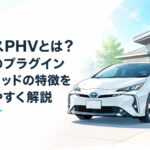 トヨタ プリウスPHVが自宅充電設備の前に停車する未来的なカーイメージ