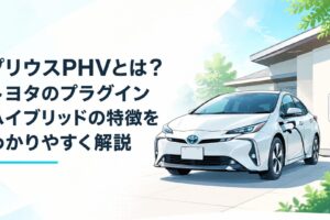 トヨタ プリウスPHVが自宅充電設備の前に停車する未来的なカーイメージ