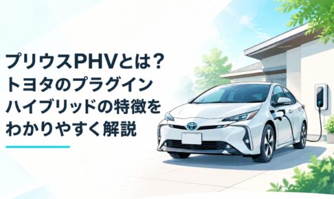 トヨタ プリウスPHVが自宅充電設備の前に停車する未来的なカーイメージ