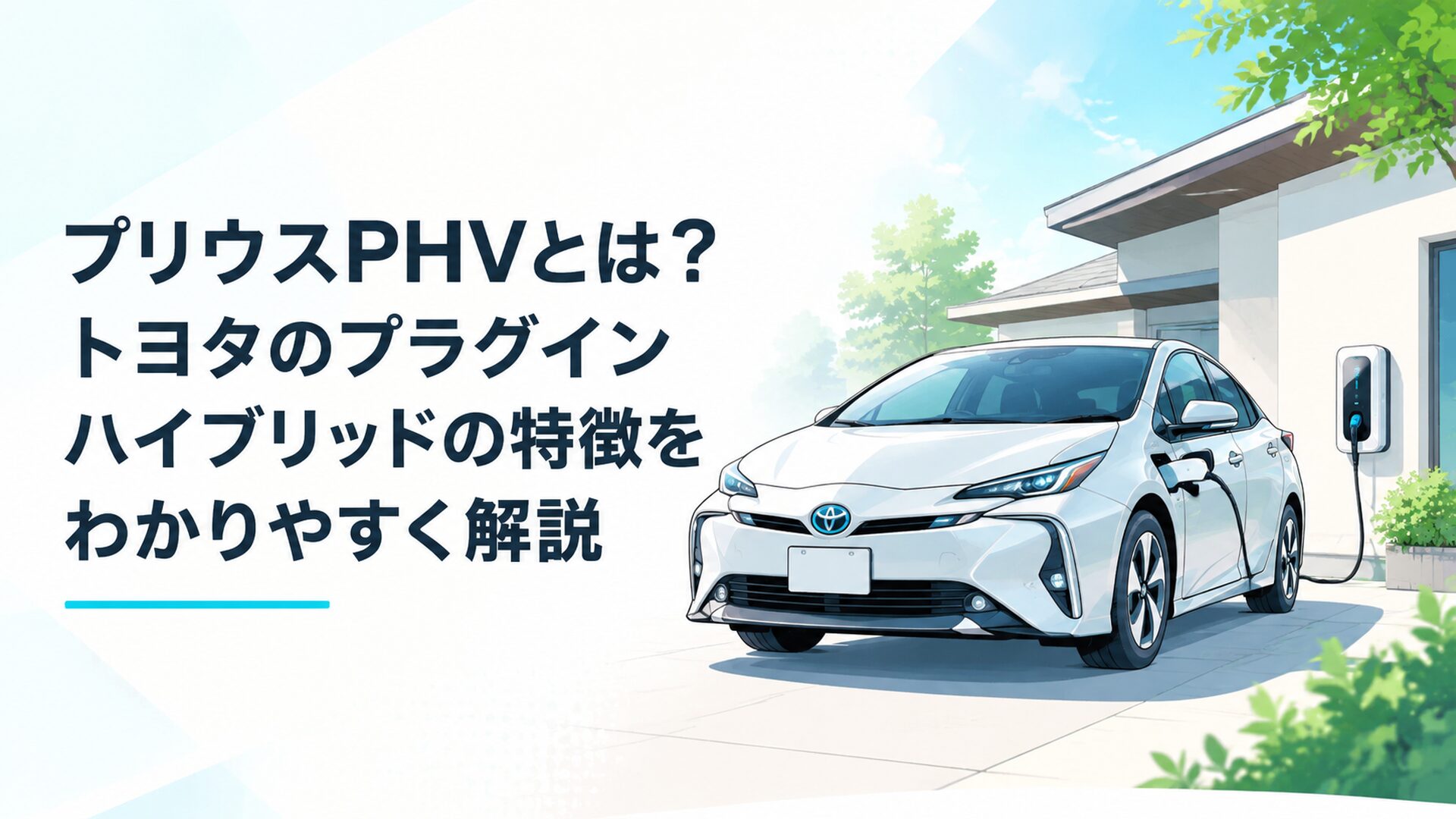トヨタ プリウスPHVが自宅充電設備の前に停車する未来的なカーイメージ