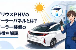 プリウスPHVのルーフに搭載されたソーラーパネルと太陽光で充電する仕組みを表現したシーン