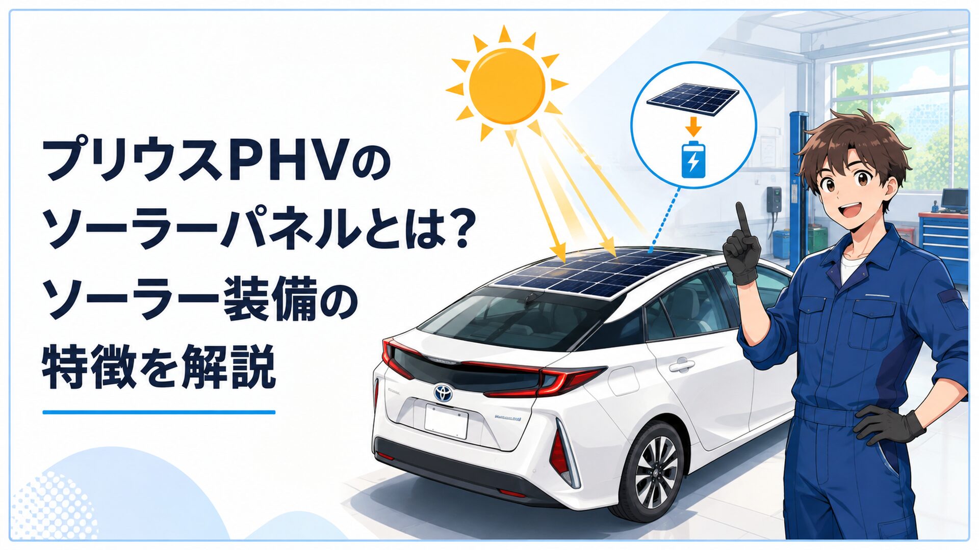 プリウスPHVのルーフに搭載されたソーラーパネルと太陽光で充電する仕組みを表現したシーン