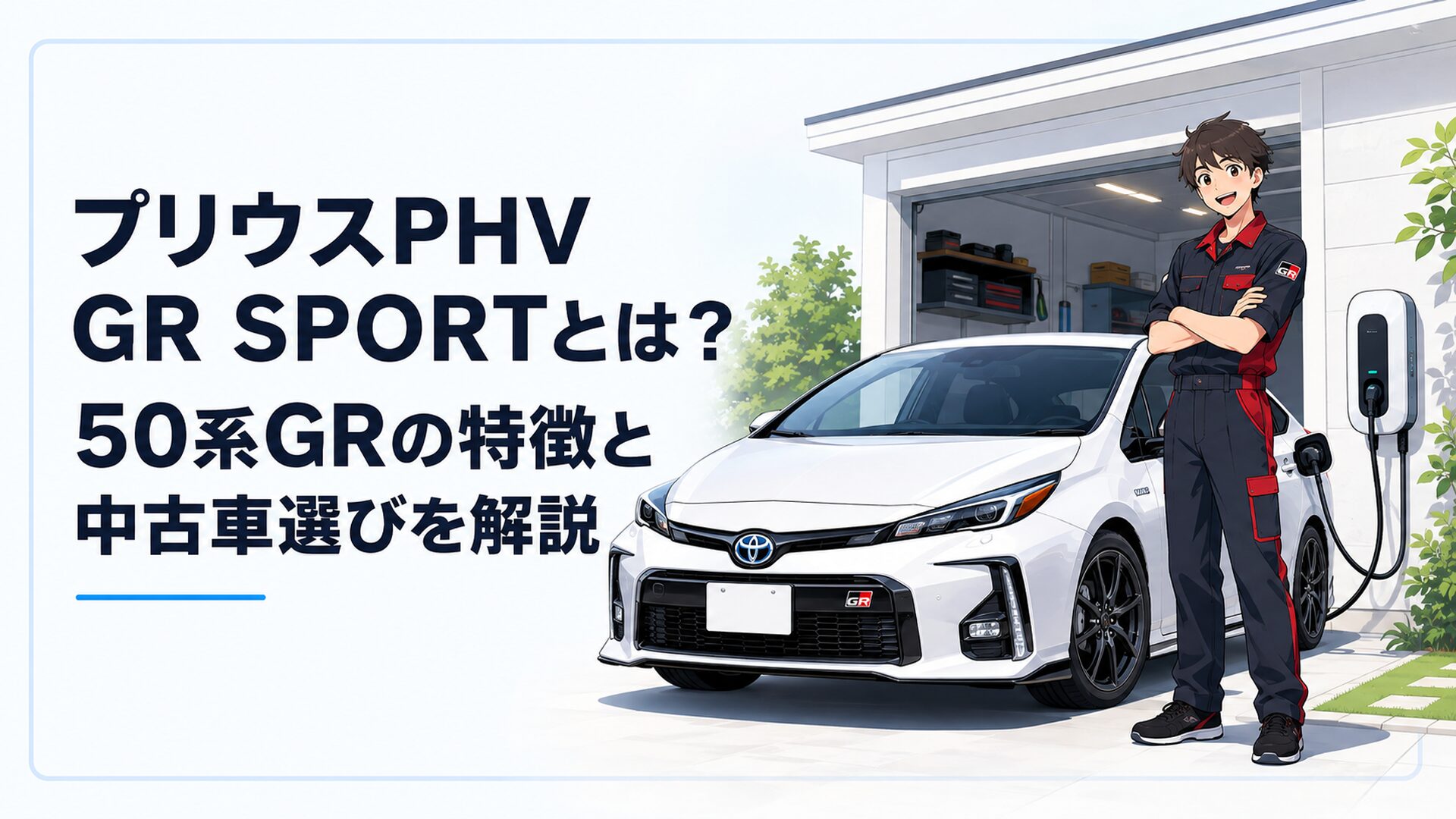 50系プリウスPHV GR SPORTのスポーティな外観と自宅充電設備を組み合わせたシーン
