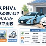 プリウスPHVとプリウスを並べて自宅充電と走行スタイルと中古車選びの違いを比較するシーン