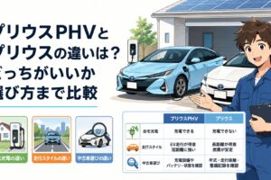 プリウスPHVとプリウスを並べて自宅充電と走行スタイルと中古車選びの違いを比較するシーン