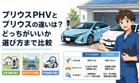 プリウスPHVとプリウスを並べて自宅充電と走行スタイルと中古車選びの違いを比較するシーン