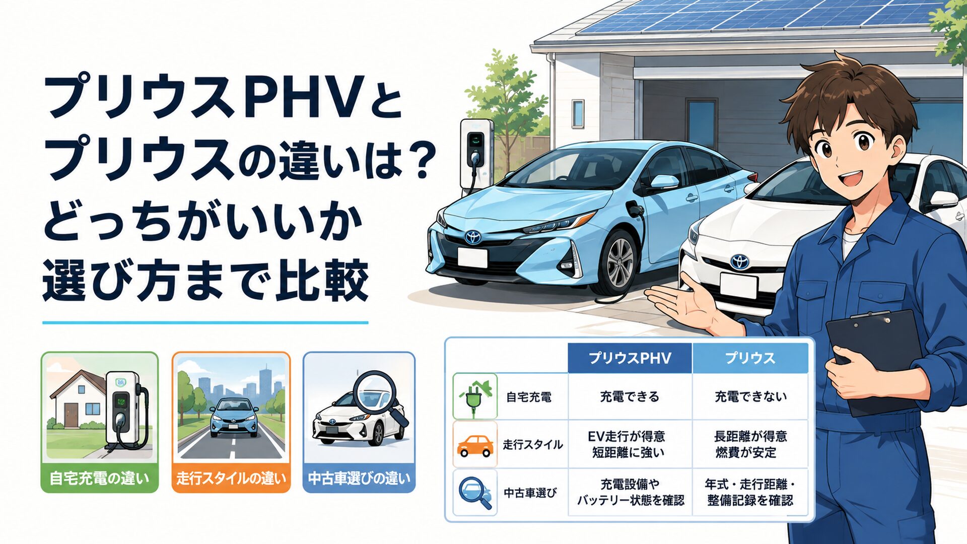 プリウスPHVとプリウスを並べて自宅充電と走行スタイルと中古車選びの違いを比較するシーン