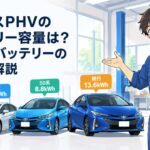 初代4.4kWh・50系8.8kWh・現行13.6kWhのプリウスPHVを並べバッテリー容量を比較するシーン