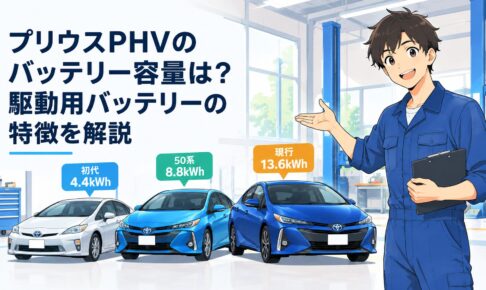 初代4.4kWh・50系8.8kWh・現行13.6kWhのプリウスPHVを並べバッテリー容量を比較するシーン