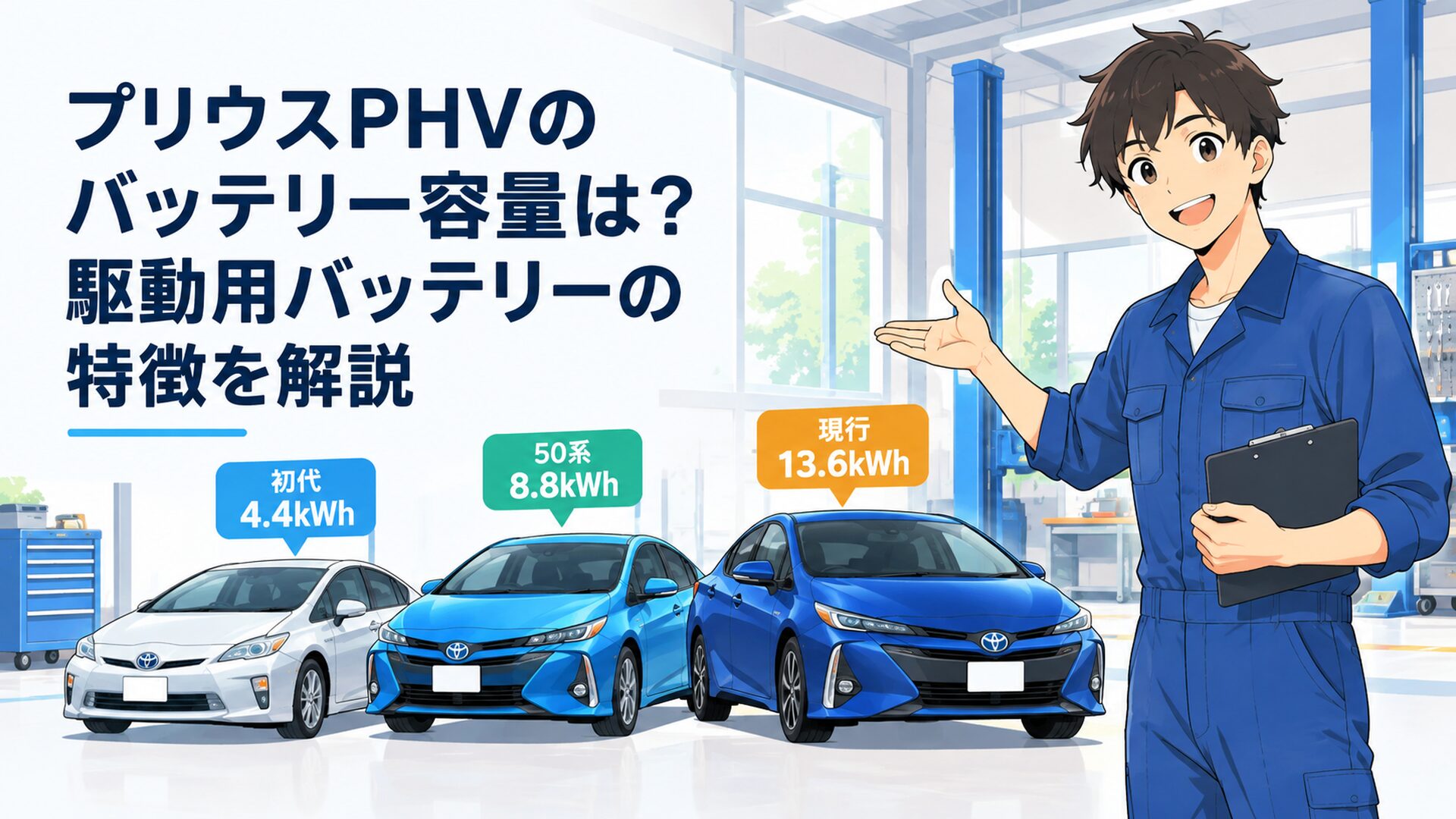 初代4.4kWh・50系8.8kWh・現行13.6kWhのプリウスPHVを並べバッテリー容量を比較するシーン