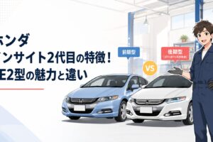 ホンダ インサイト2代目ZE2の前期型と2011年11月改良後の後期型を並べて特徴を比較するシーン