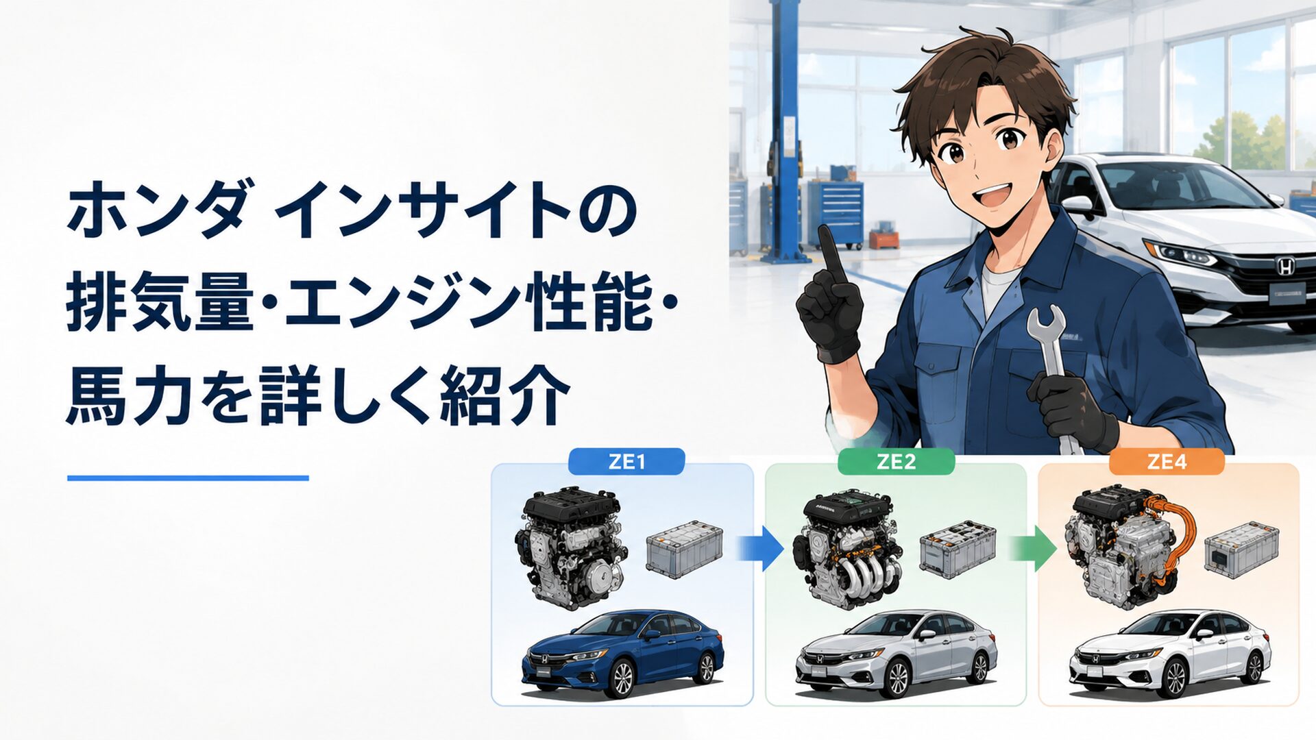 歴代ホンダ インサイトZE1 ZE2 ZE4のエンジンとハイブリッド技術の変化を表現したイメージ