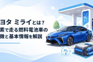 水素ステーションで充填するトヨタ ミライと燃料電池システムを表現した未来型セダンのシーン