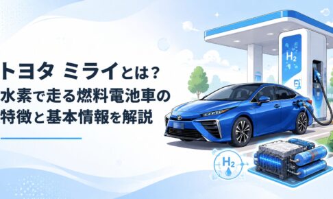 水素ステーションで充填するトヨタ ミライと燃料電池システムを表現した未来型セダンのシーン